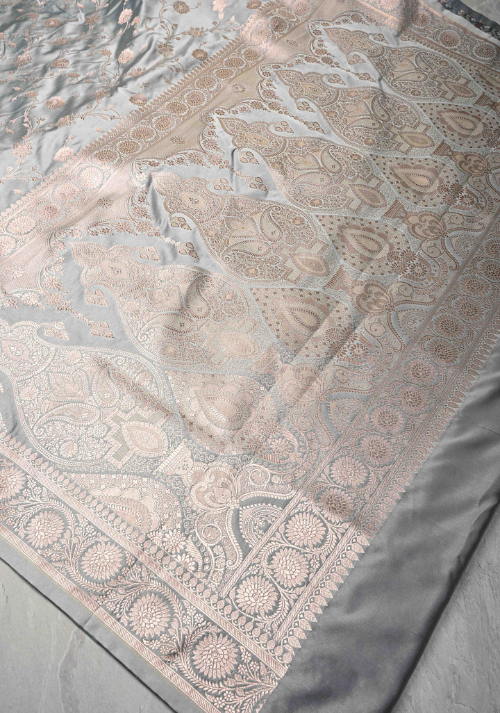 Gray Banarasi Semi Mashru Silk Saree with Floral Jaal and Zari Border