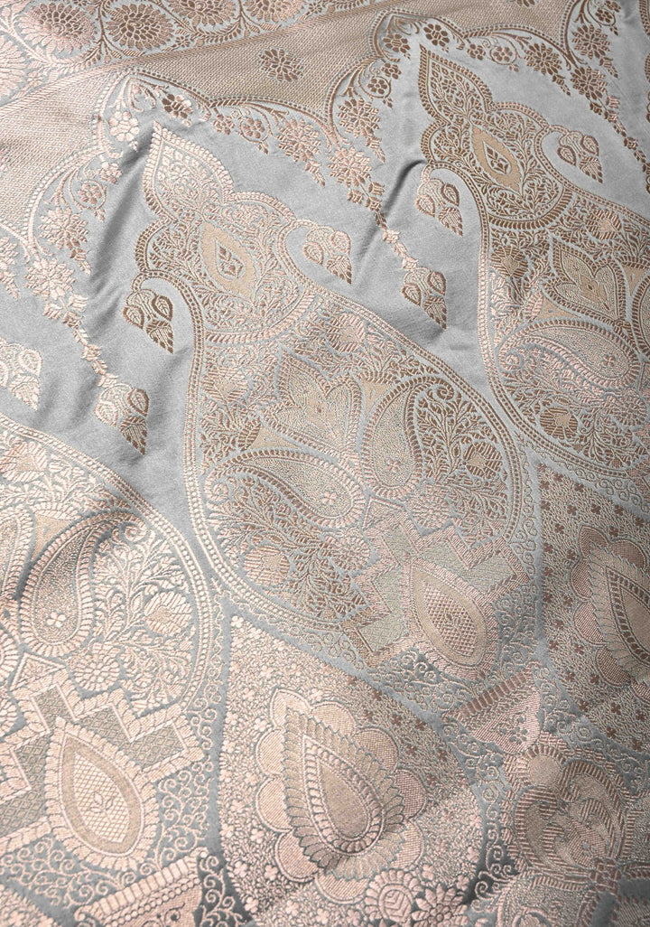 Gray Banarasi Semi Mashru Silk Saree with Floral Jaal and Zari Border
