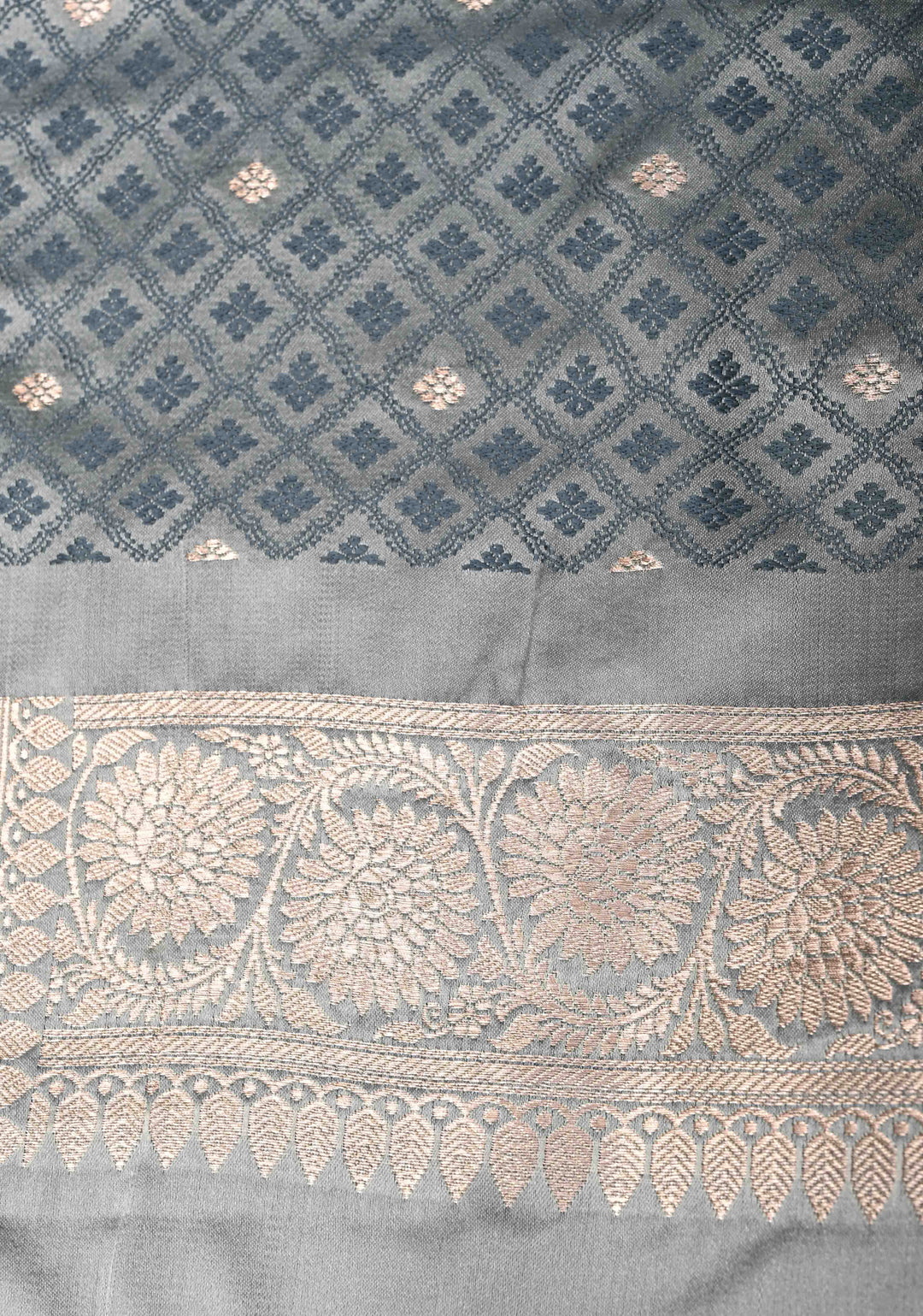 Gray Banarasi Semi Mashru Silk Saree with Floral Jaal and Zari Border