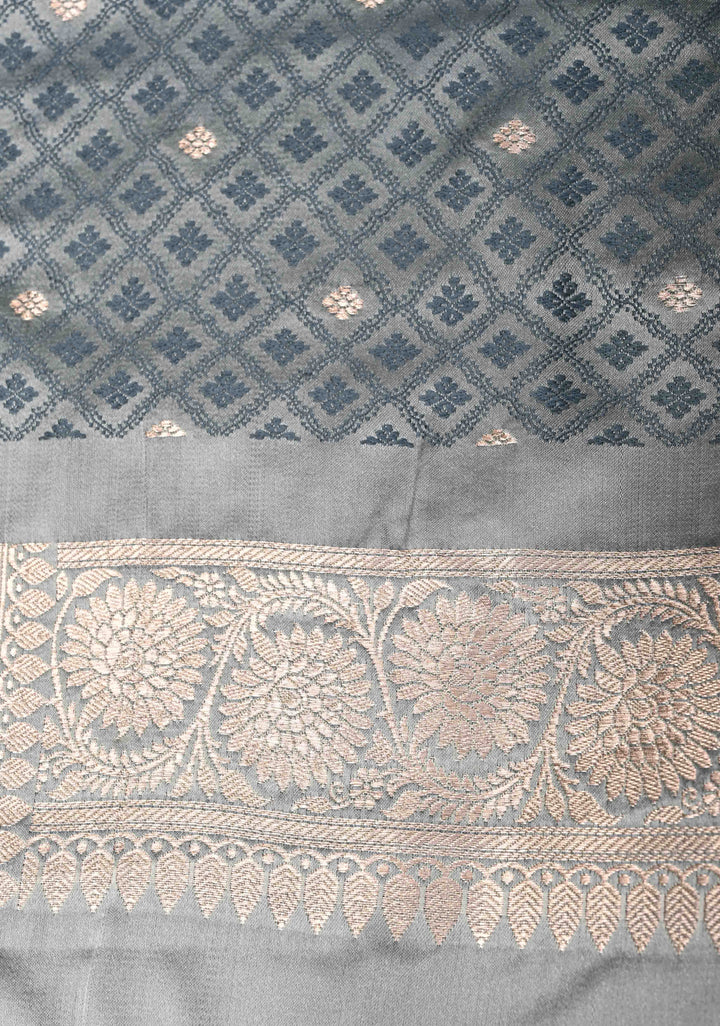 Gray Banarasi Semi Mashru Silk Saree with Floral Jaal and Zari Border