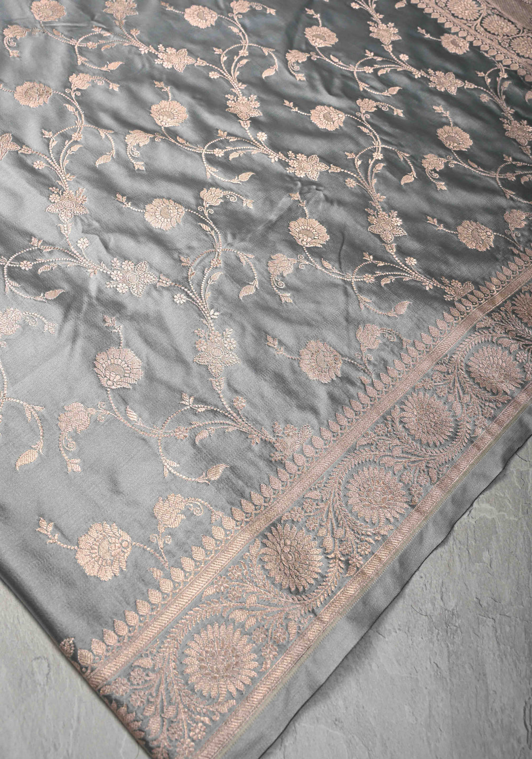 Gray Banarasi Semi Mashru Silk Saree with Floral Jaal and Zari Border