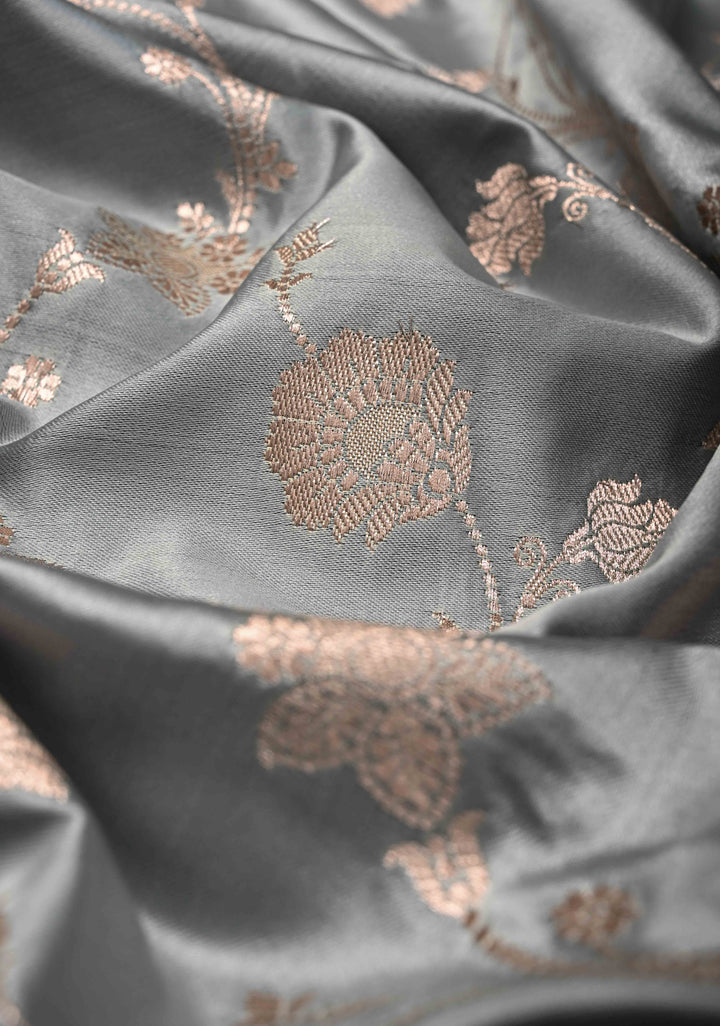 Gray Banarasi Semi Mashru Silk Saree with Floral Jaal and Zari Border