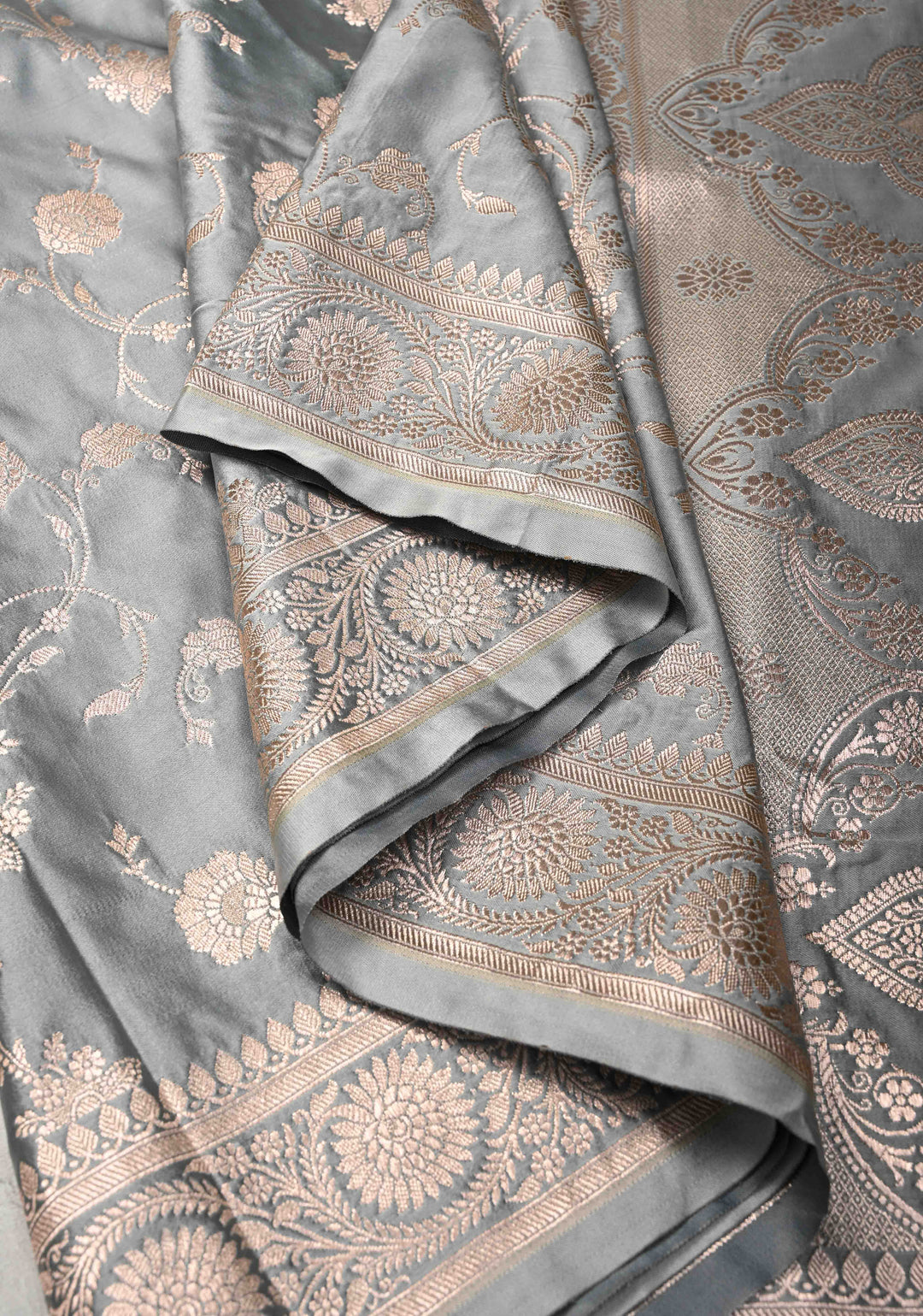 Gray Banarasi Semi Mashru Silk Saree with Floral Jaal and Zari Border