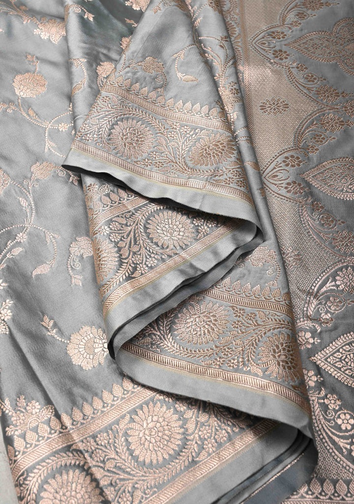 Gray Banarasi Semi Mashru Silk Saree with Floral Jaal and Zari Border