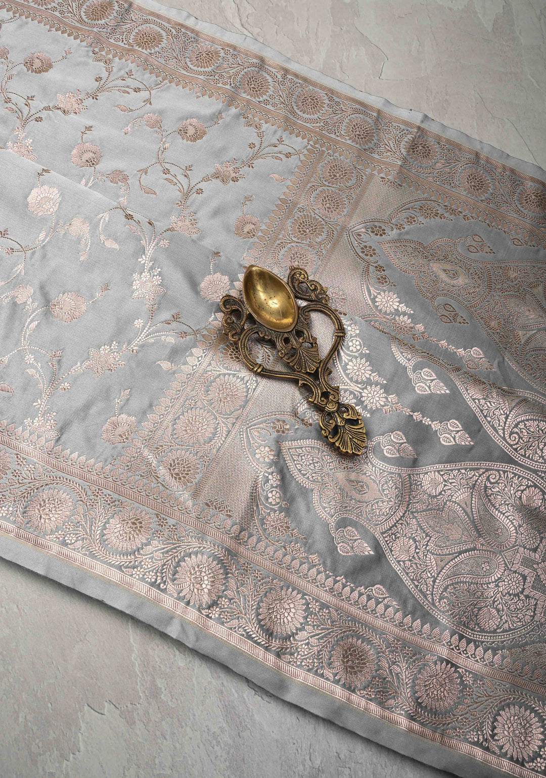Gray Banarasi Semi Mashru Silk Saree with Floral Jaal and Zari Border