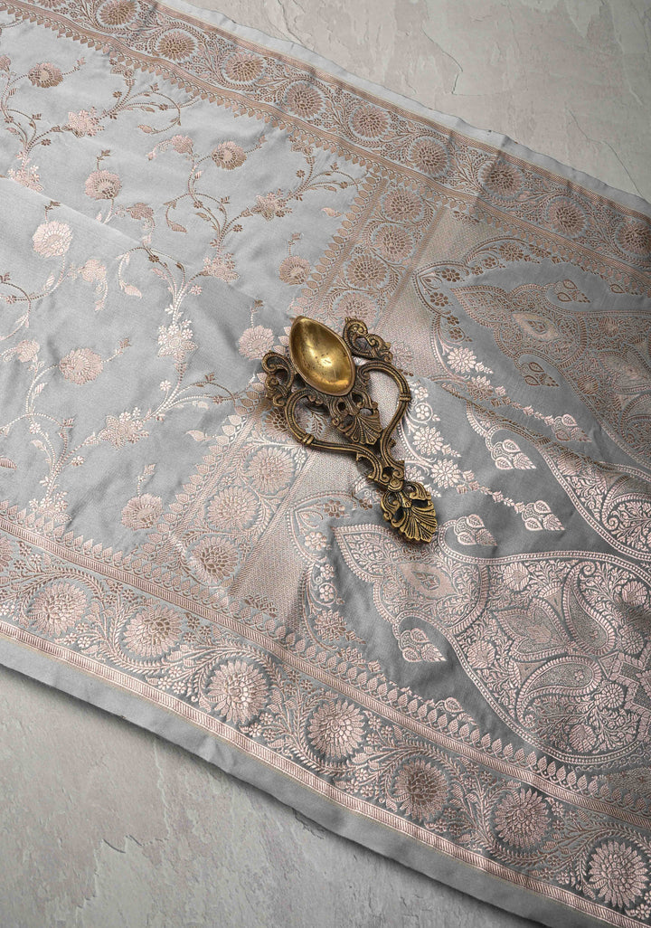 Gray Banarasi Semi Mashru Silk Saree with Floral Jaal and Zari Border