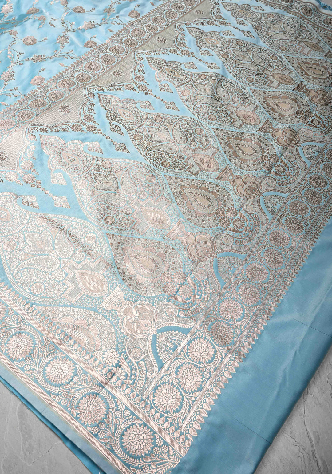 Sky Blue Banarasi Semi Mashru Silk Saree with Floral Jaal and Zari Border