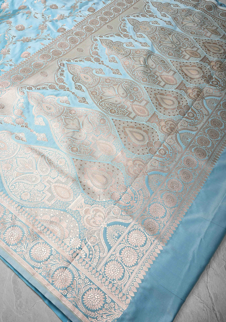 Sky Blue Banarasi Semi Mashru Silk Saree with Floral Jaal and Zari Border