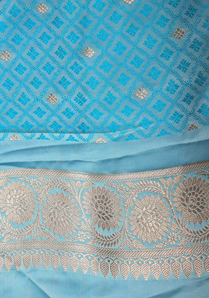 Sky Blue Banarasi Semi Mashru Silk Saree with Floral Jaal and Zari Border