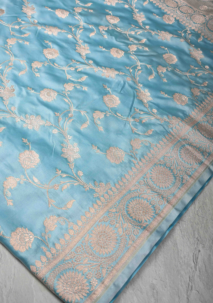 Sky Blue Banarasi Semi Mashru Silk Saree with Floral Jaal and Zari Border