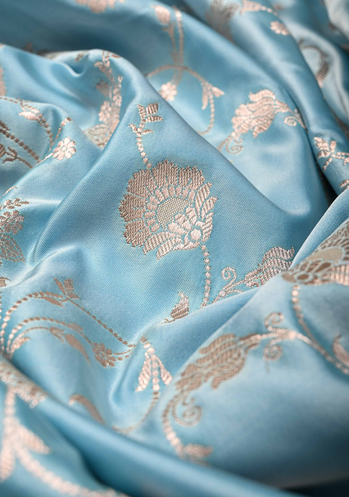 Sky Blue Banarasi Semi Mashru Silk Saree with Floral Jaal and Zari Border
