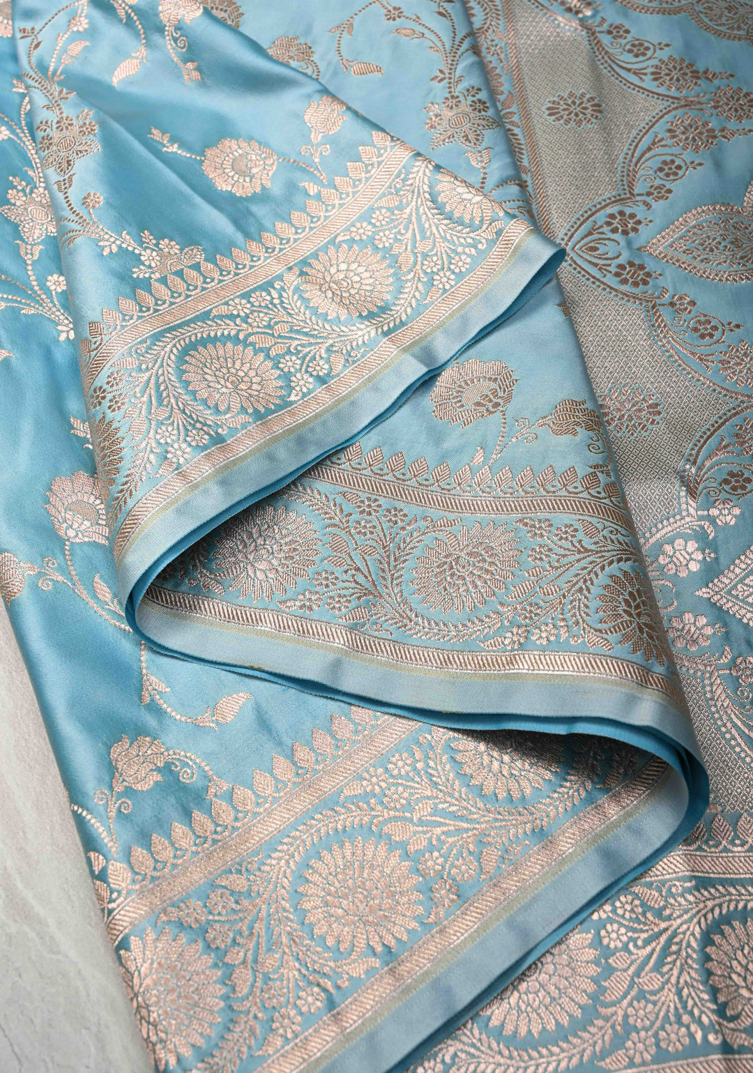 Sky Blue Banarasi Semi Mashru Silk Saree with Floral Jaal and Zari Border