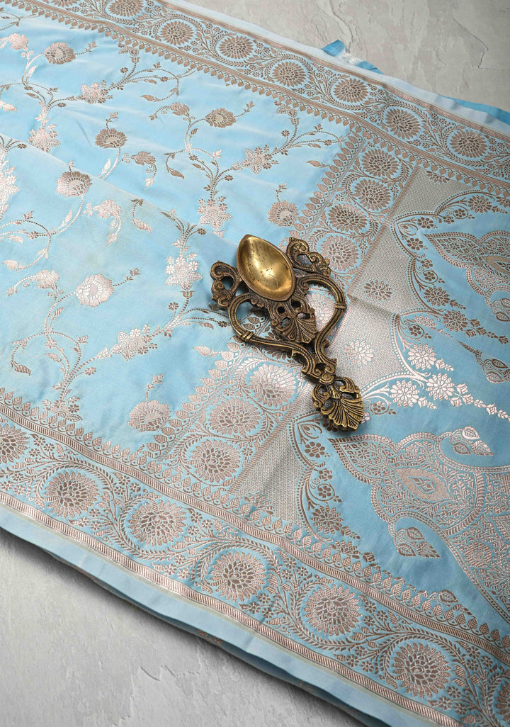 Sky Blue Banarasi Semi Mashru Silk Saree with Floral Jaal and Zari Border