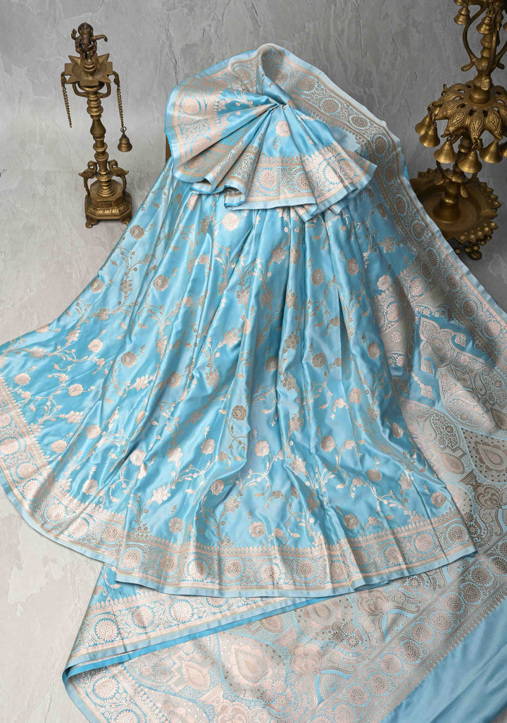 Sky Blue Banarasi Semi Mashru Silk Saree with Floral Jaal and Zari Border