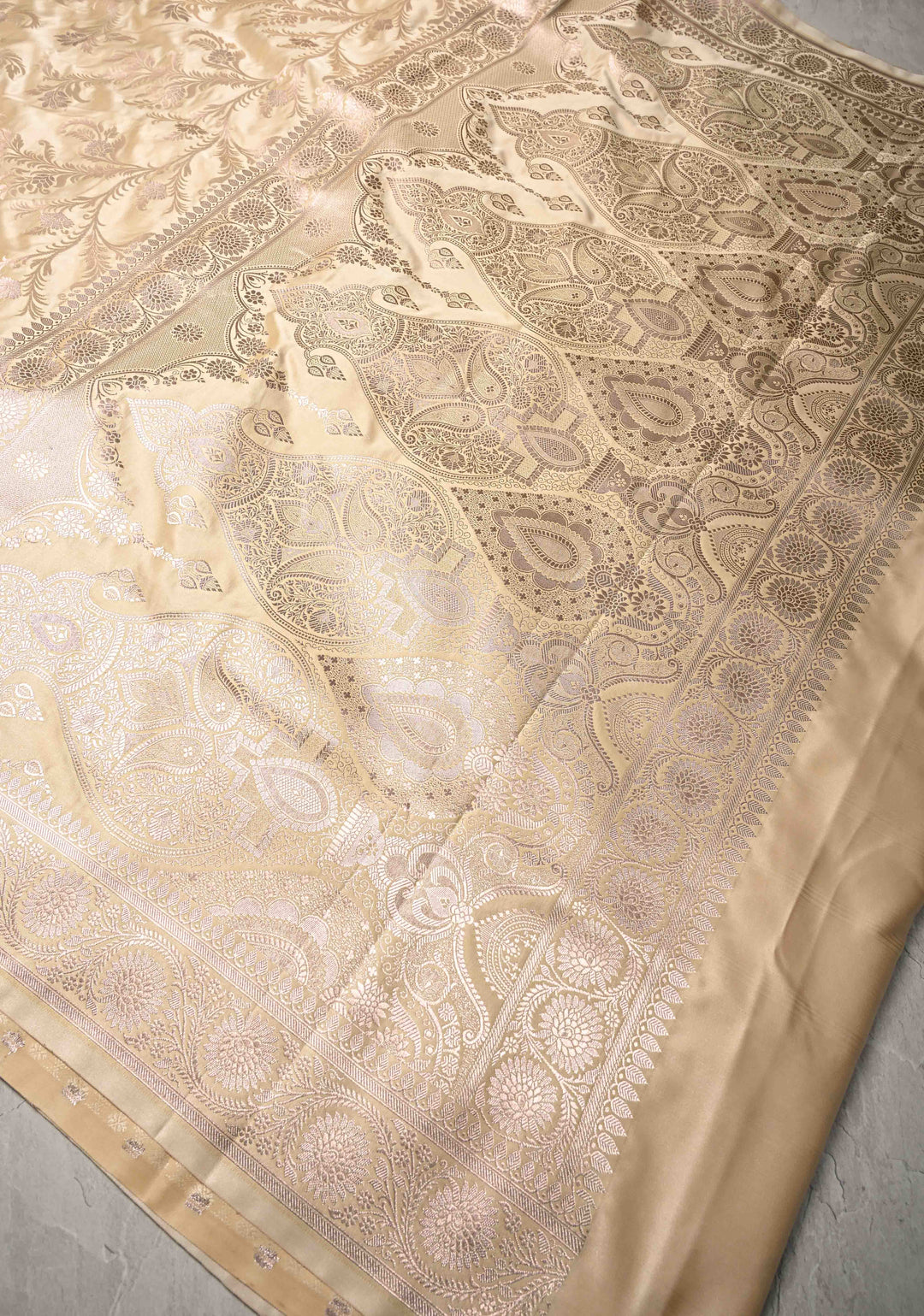 Sage Ivory Banarasi Semi Mashru Silk Saree with Floral Jaal and Zari Border