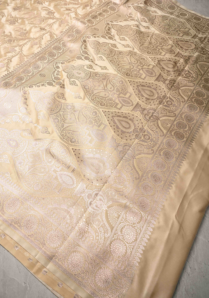 Sage Ivory Banarasi Semi Mashru Silk Saree with Floral Jaal and Zari Border