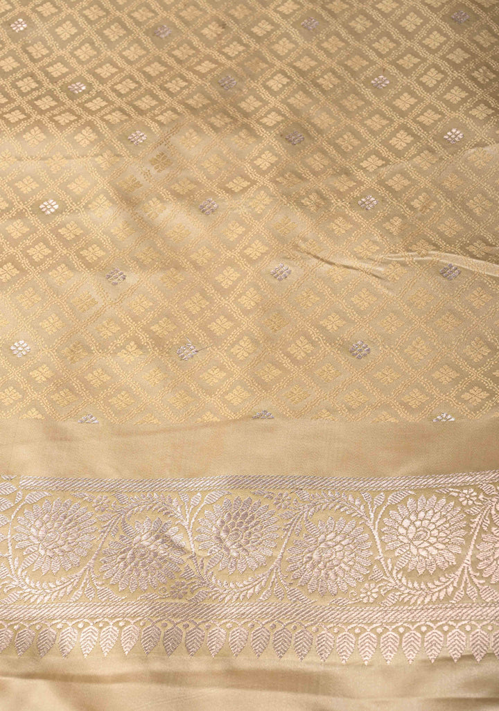 Sage Ivory Banarasi Semi Mashru Silk Saree with Floral Jaal and Zari Border