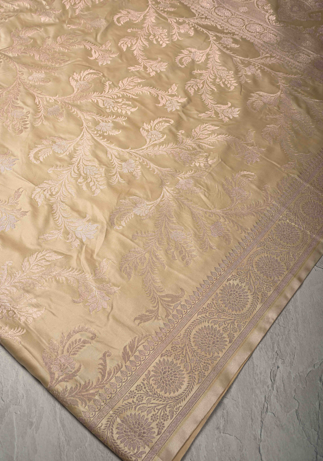 Sage Ivory Banarasi Semi Mashru Silk Saree with Floral Jaal and Zari Border