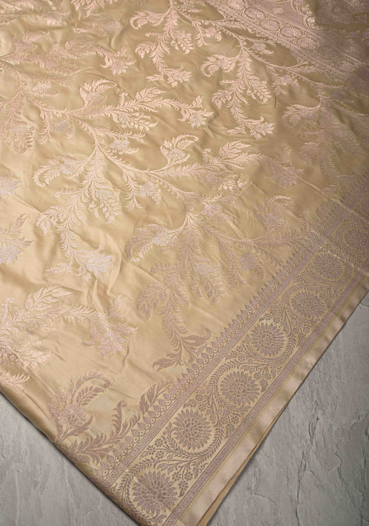 Sage Ivory Banarasi Semi Mashru Silk Saree with Floral Jaal and Zari Border