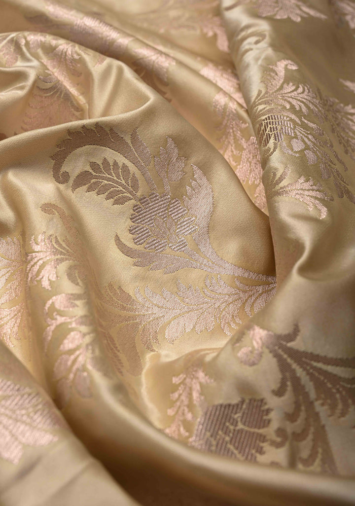 Sage Ivory Banarasi Semi Mashru Silk Saree with Floral Jaal and Zari Border