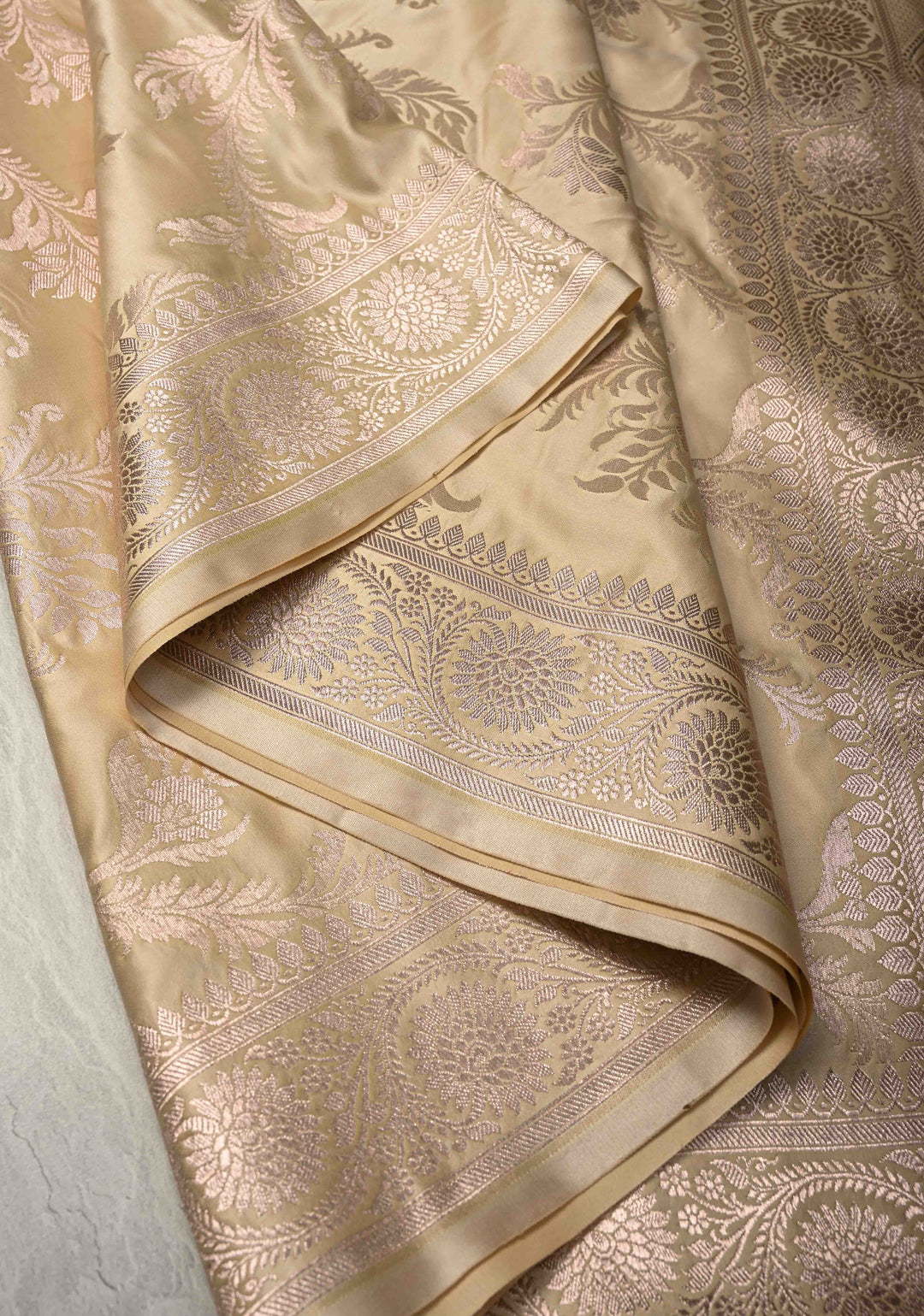Sage Ivory Banarasi Semi Mashru Silk Saree with Floral Jaal and Zari Border