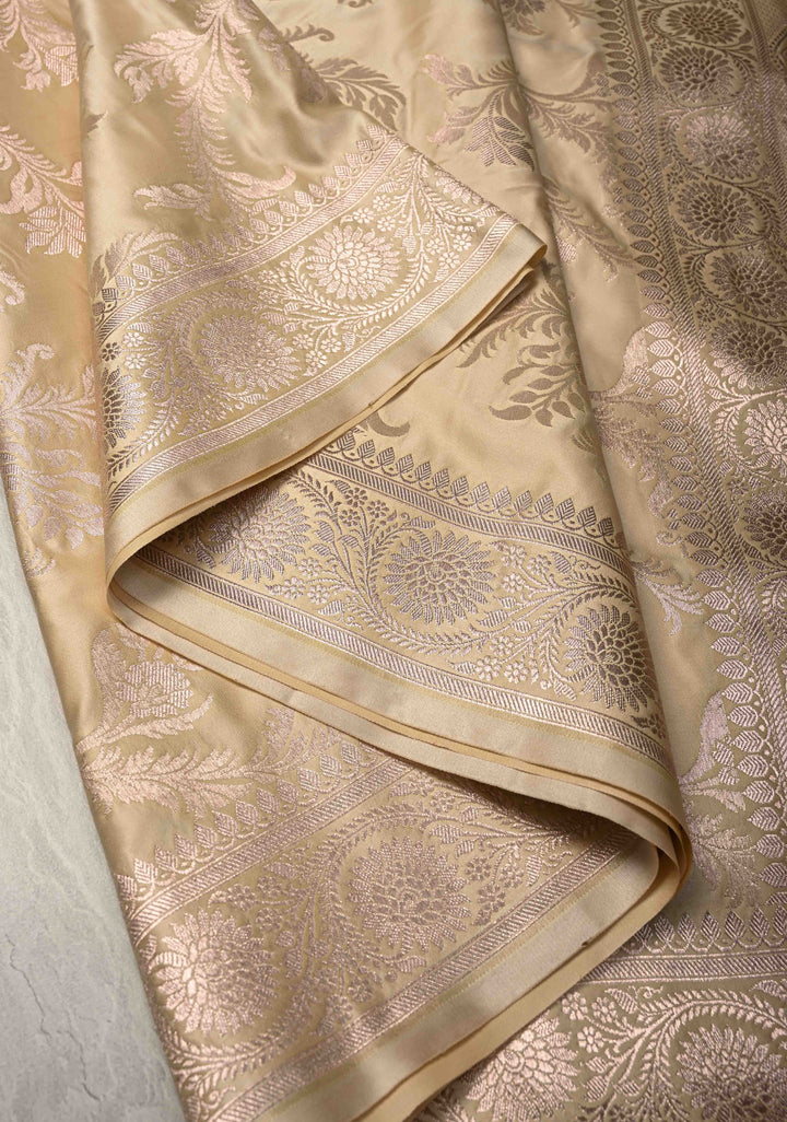 Sage Ivory Banarasi Semi Mashru Silk Saree with Floral Jaal and Zari Border