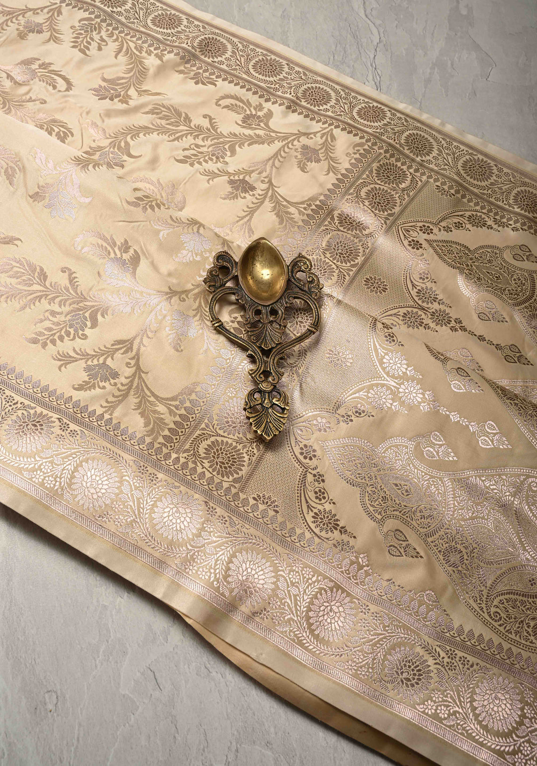 Sage Ivory Banarasi Semi Mashru Silk Saree with Floral Jaal and Zari Border