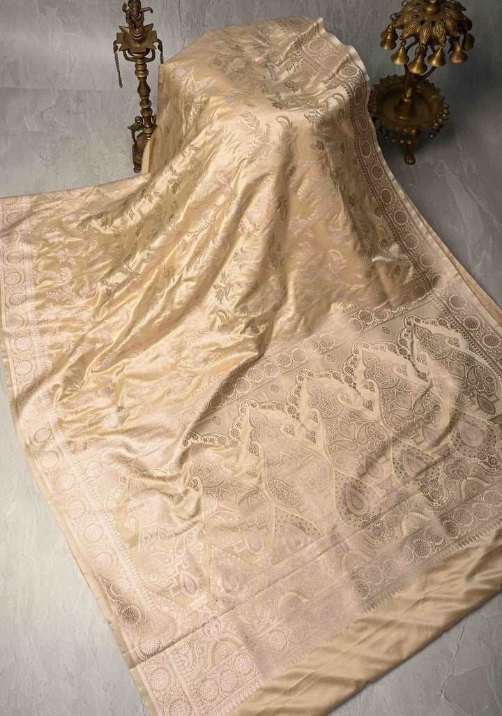Sage Ivory Banarasi Semi Mashru Silk Saree with Floral Jaal and Zari Border