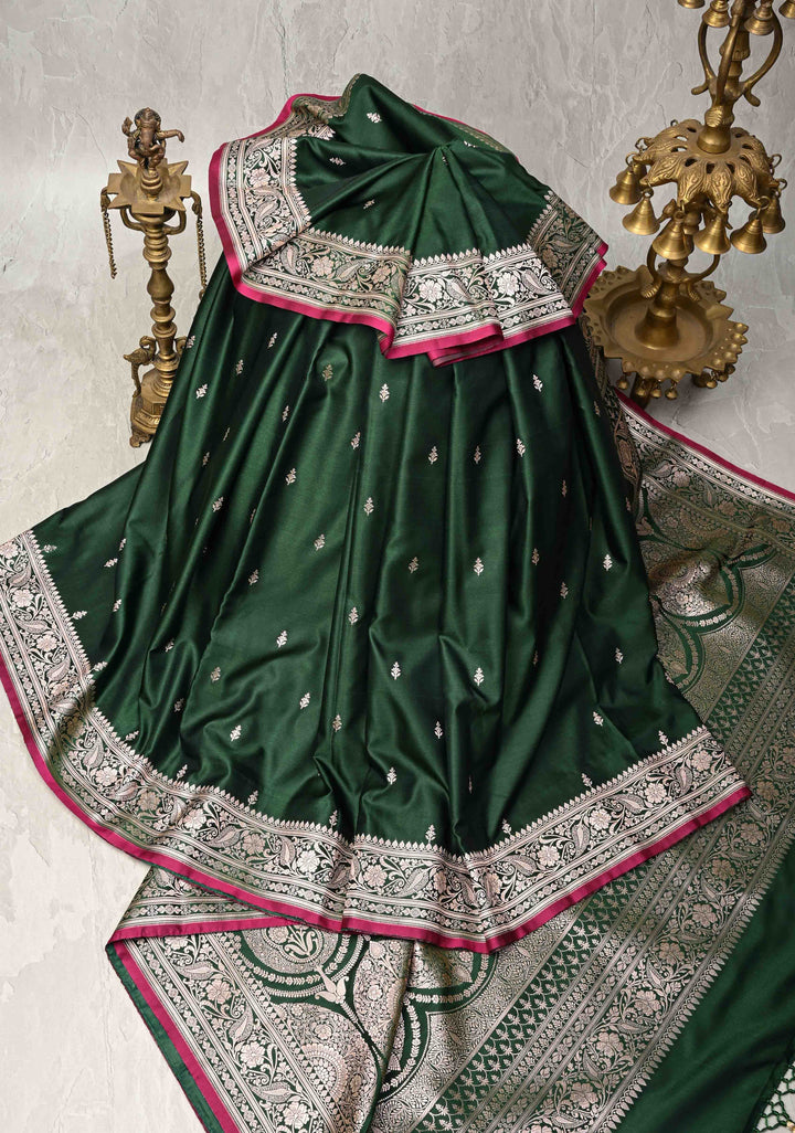 Bottle Green Banarasi Semi Mashru Silk Saree with Zari Buttas and Zari Border