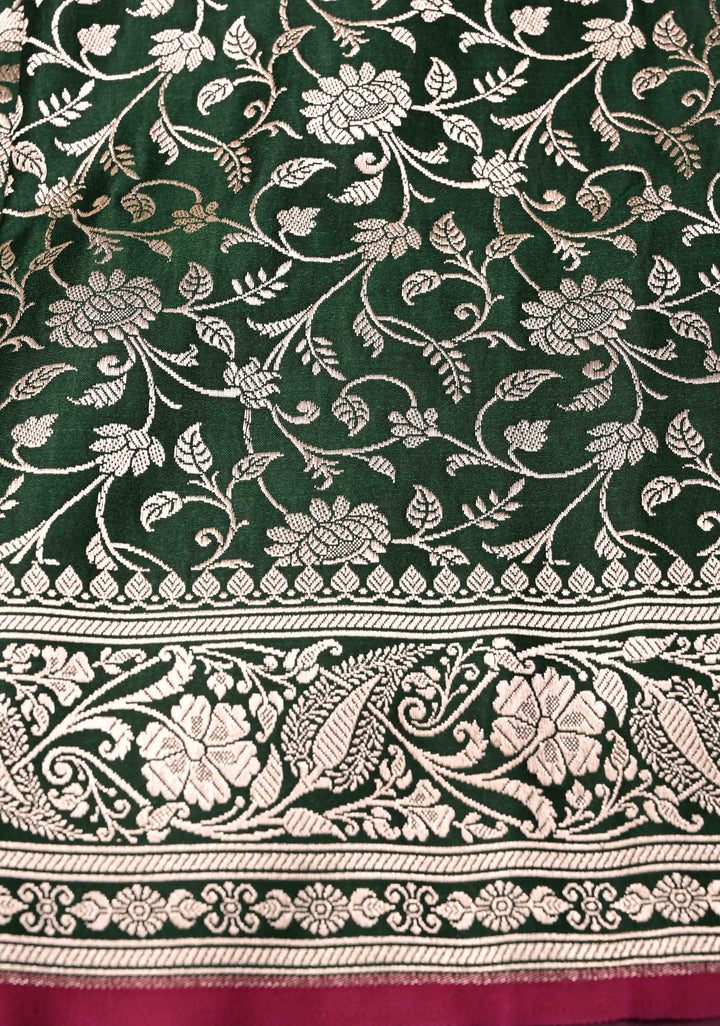 Bottle Green Banarasi Semi Mashru Silk Saree with Zari Buttas and Zari Border