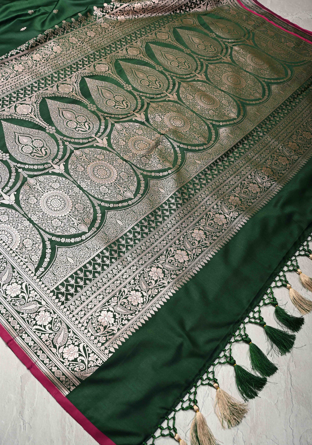 Bottle Green Banarasi Semi Mashru Silk Saree with Zari Buttas and Zari Border