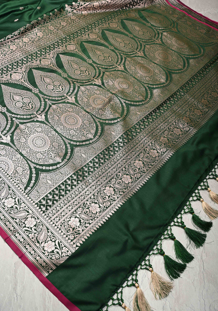 Bottle Green Banarasi Semi Mashru Silk Saree with Zari Buttas and Zari Border