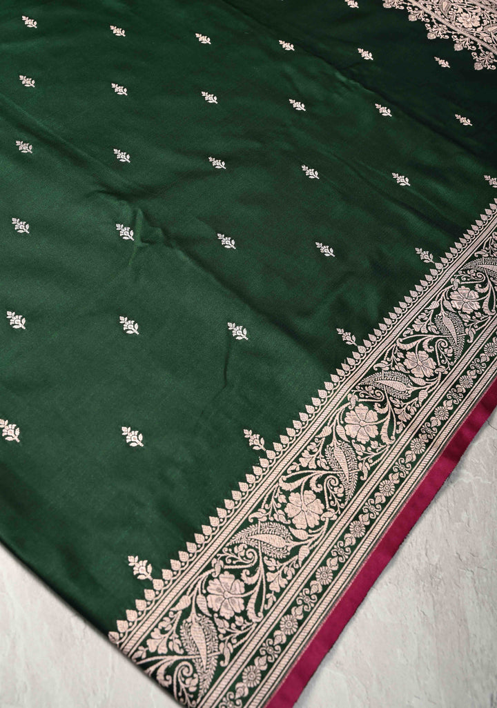 Bottle Green Banarasi Semi Mashru Silk Saree with Zari Buttas and Zari Border