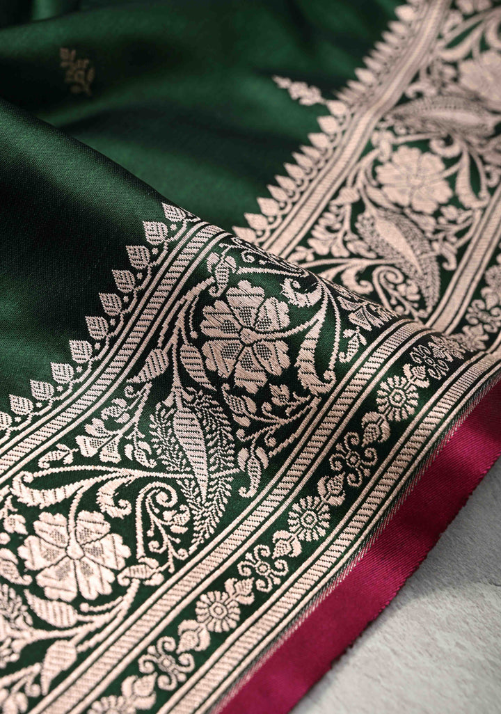 Bottle Green Banarasi Semi Mashru Silk Saree with Zari Buttas and Zari Border