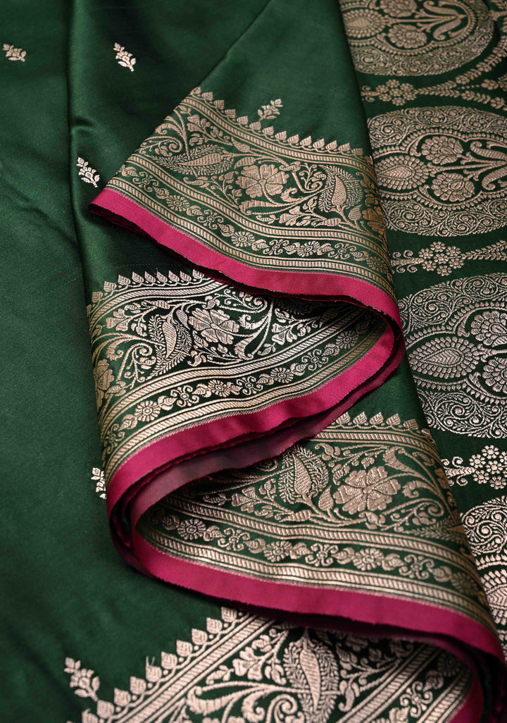 Bottle Green Banarasi Semi Mashru Silk Saree with Zari Buttas and Zari Border