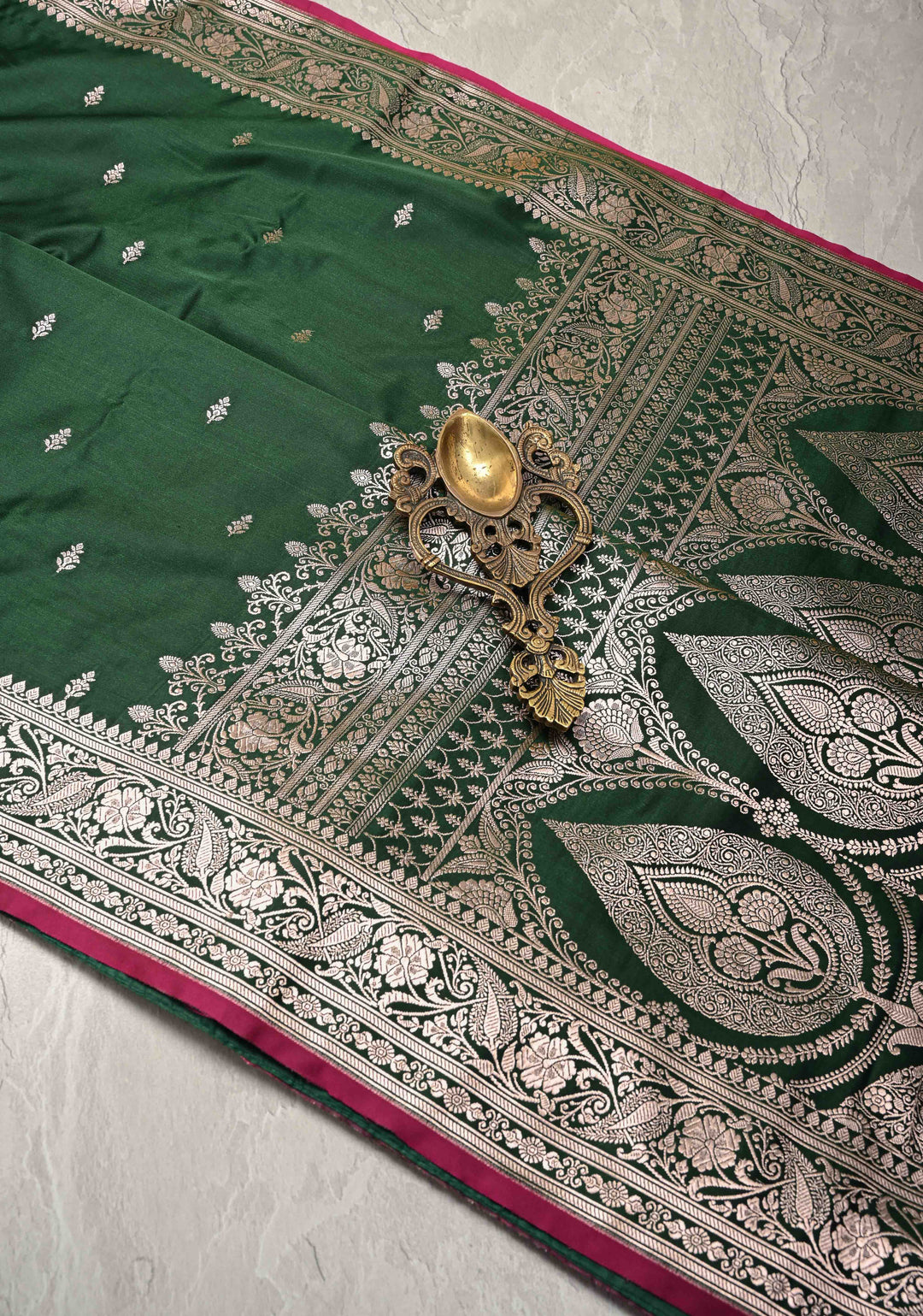 Bottle Green Banarasi Semi Mashru Silk Saree with Zari Buttas and Zari Border