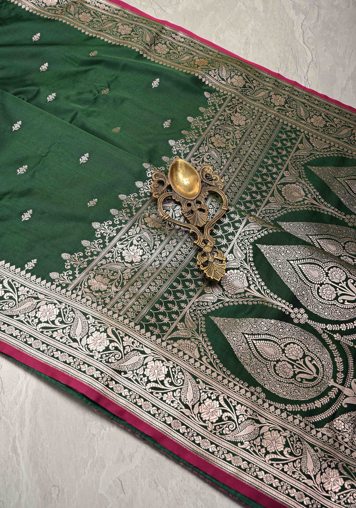 Bottle Green Banarasi Semi Mashru Silk Saree with Zari Buttas and Zari Border