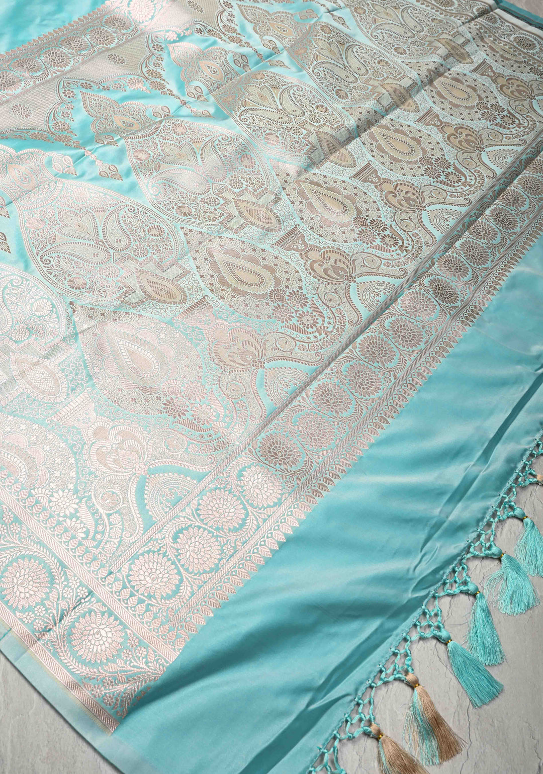 Sky Blue Banarasi Semi Mashru Silk Saree with Zari Buttas and Zari Border
