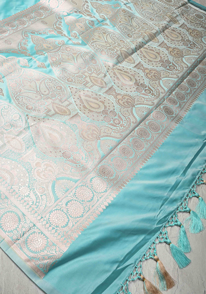 Sky Blue Banarasi Semi Mashru Silk Saree with Zari Buttas and Zari Border