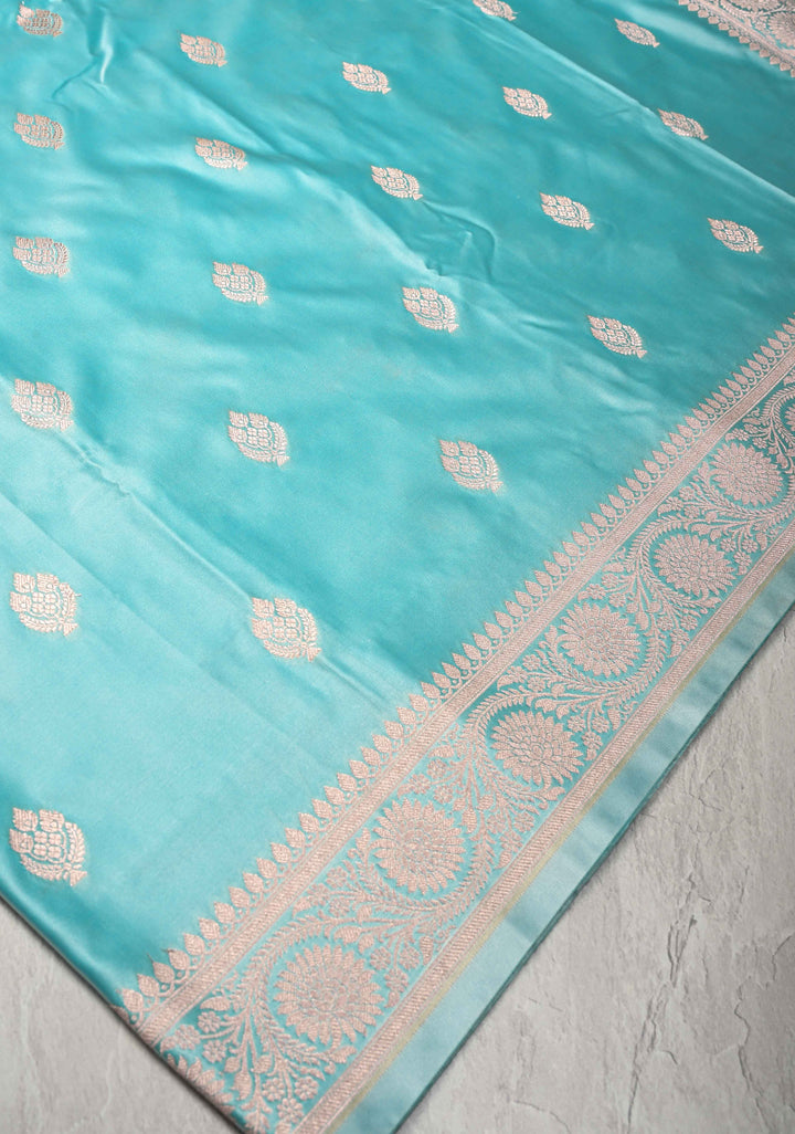 Sky Blue Banarasi Semi Mashru Silk Saree with Zari Buttas and Zari Border