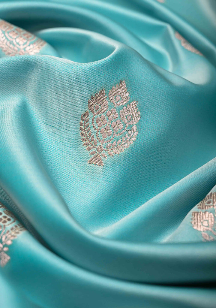 Sky Blue Banarasi Semi Mashru Silk Saree with Zari Buttas and Zari Border