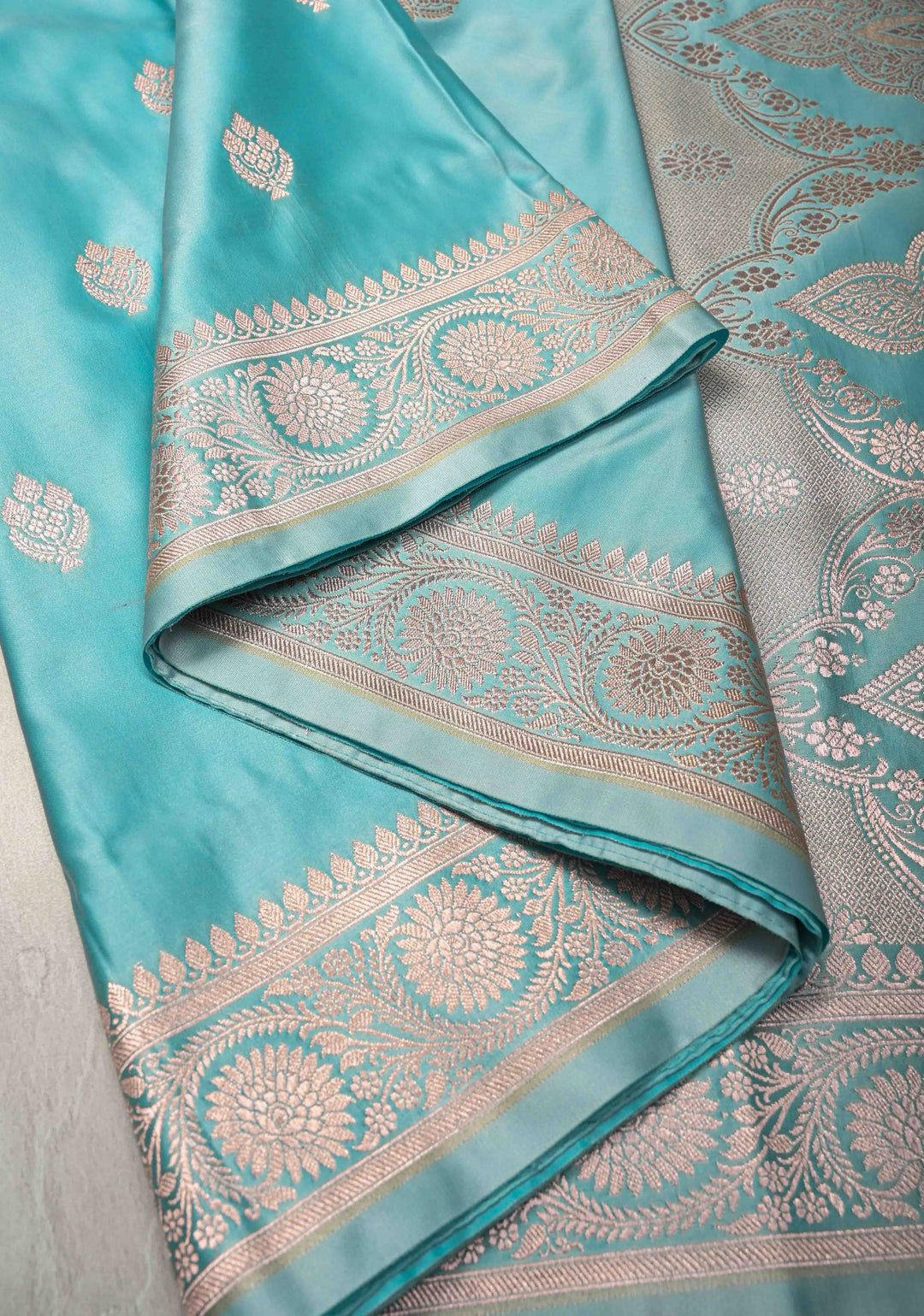 Sky Blue Banarasi Semi Mashru Silk Saree with Zari Buttas and Zari Border