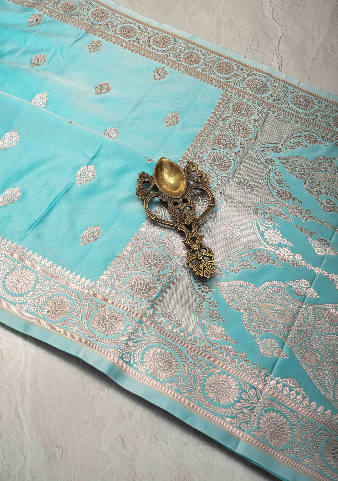Sky Blue Banarasi Semi Mashru Silk Saree with Zari Buttas and Zari Border