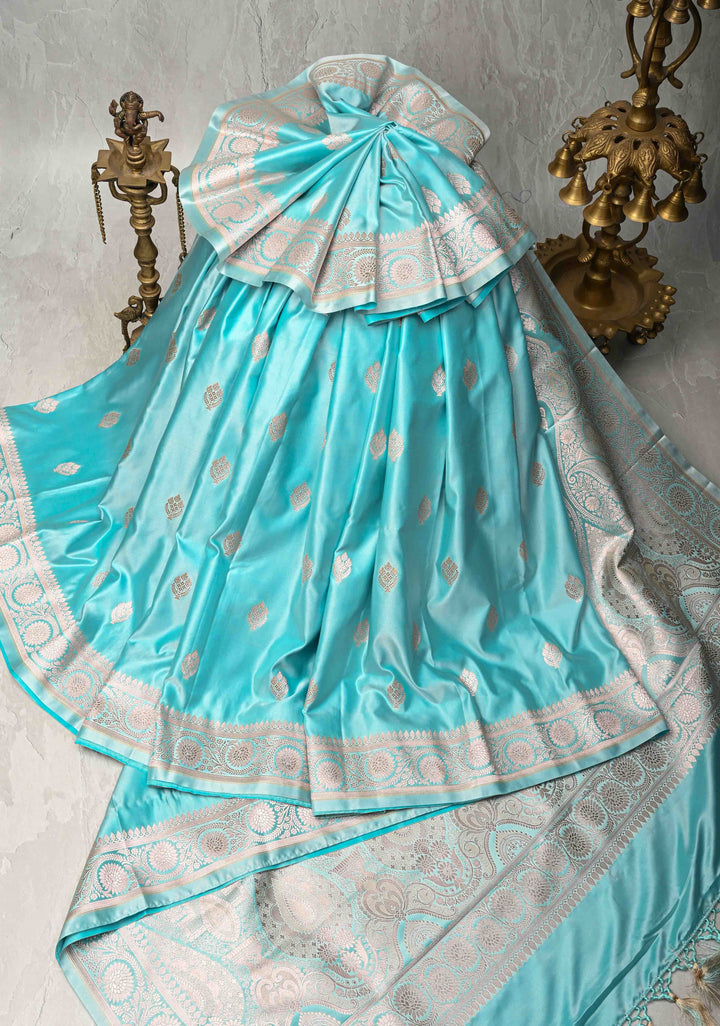 Sky Blue Banarasi Semi Mashru Silk Saree with Zari Buttas and Zari Border
