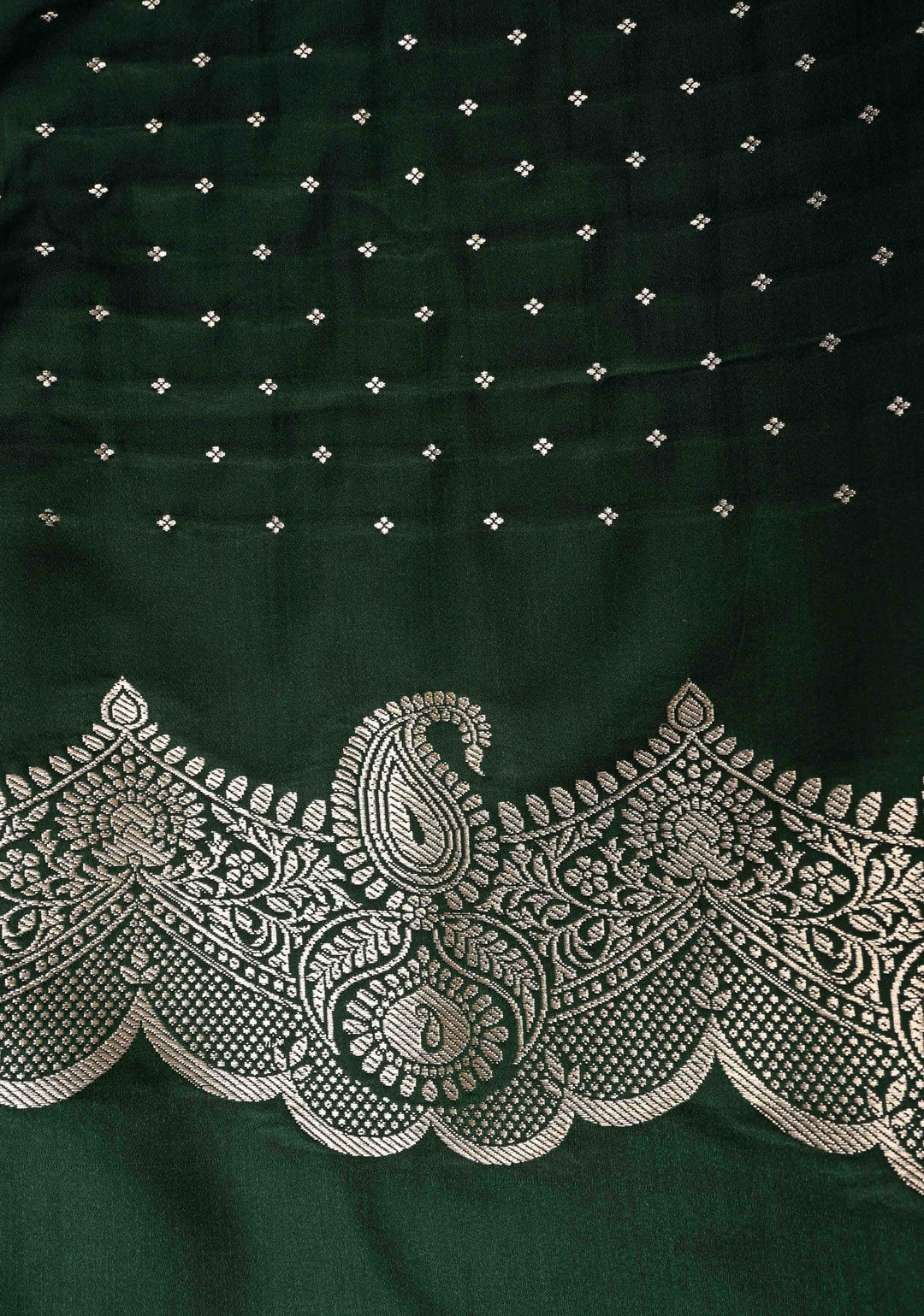 Bottle Green Banarasi Semi Mashru Silk Saree with Meenakari Floral Buttas and Silver Scallop Border