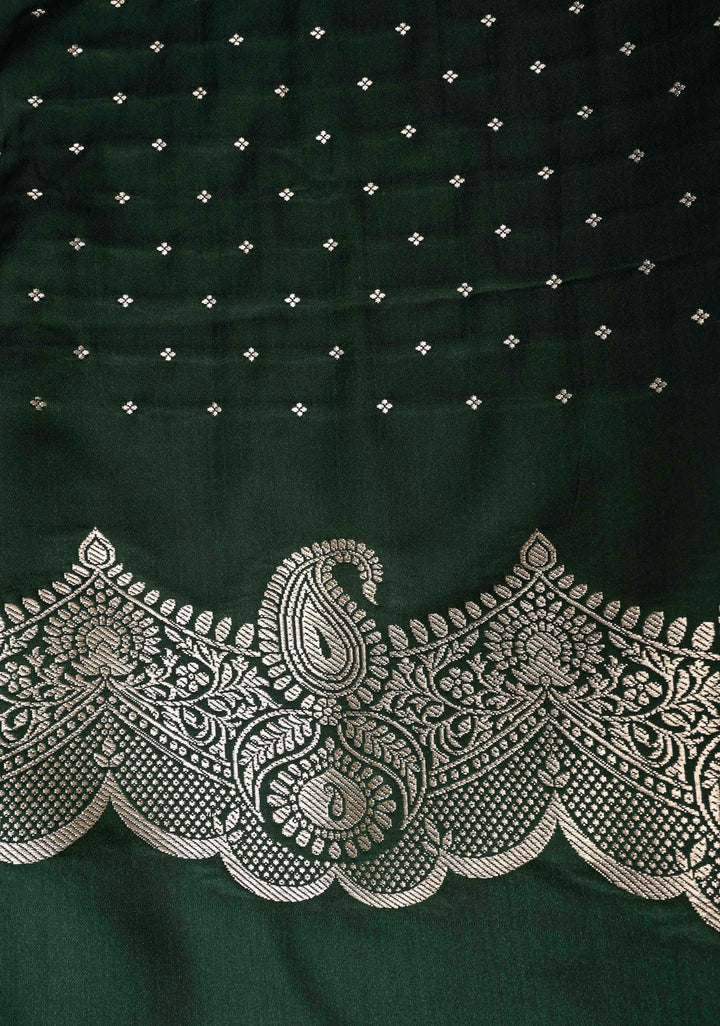 Bottle Green Banarasi Semi Mashru Silk Saree with Meenakari Floral Buttas and Silver Scallop Border
