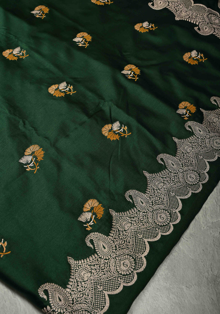 Bottle Green Banarasi Semi Mashru Silk Saree with Meenakari Floral Buttas and Silver Scallop Border