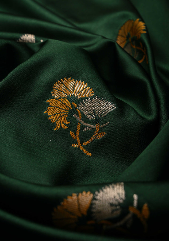 Bottle Green Banarasi Semi Mashru Silk Saree with Meenakari Floral Buttas and Silver Scallop Border