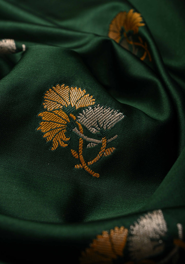 Bottle Green Banarasi Semi Mashru Silk Saree with Meenakari Floral Buttas and Silver Scallop Border