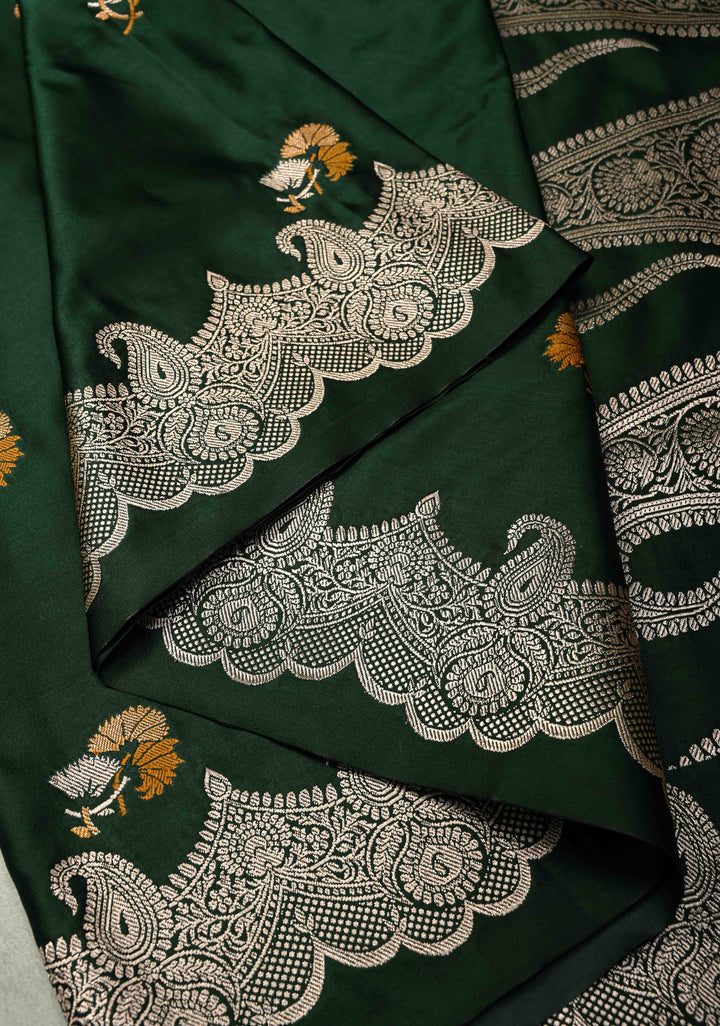 Bottle Green Banarasi Semi Mashru Silk Saree with Meenakari Floral Buttas and Silver Scallop Border